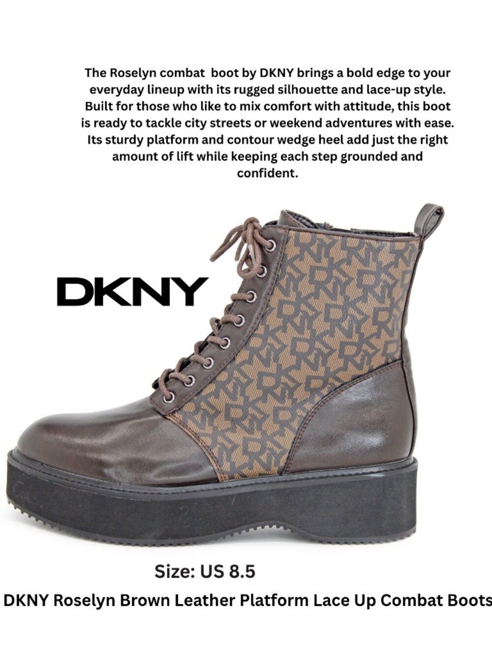 DKNY Roselyn Brown Leather Platform Lace Up Combat Boots